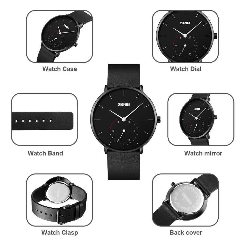 

SKMEI Men's Watches Quartz Simple Wrist Watch Genuine Leather High Hardness Glass Waterproof Male Clocks relogio masculino 9213