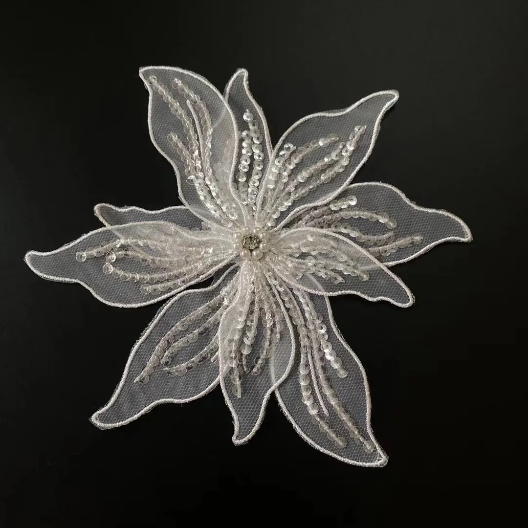 3D Flower Sequins Patch Net Yarn Crystal Beads Embroidered Beaded Applique Sweater Skirt Wedding Dress Veil Patch