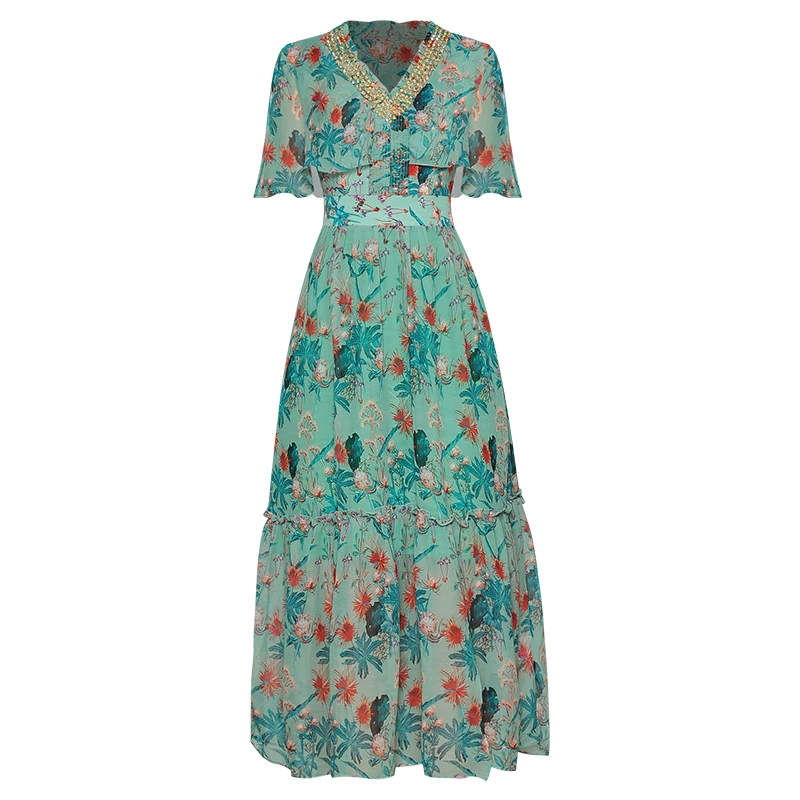 

V-neck pin bead Cape Ruffle sleeve elastic waistband swing Chiffon print temperament dress 2020 summer new