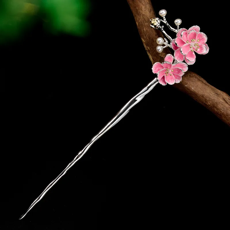Японские шпильки для волос из стерлингового серебра 925 пробы жемчужные розовые