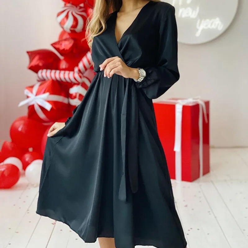 Элегантные черные вечерние платья с длинным рукавом и V-образным вырезом модель