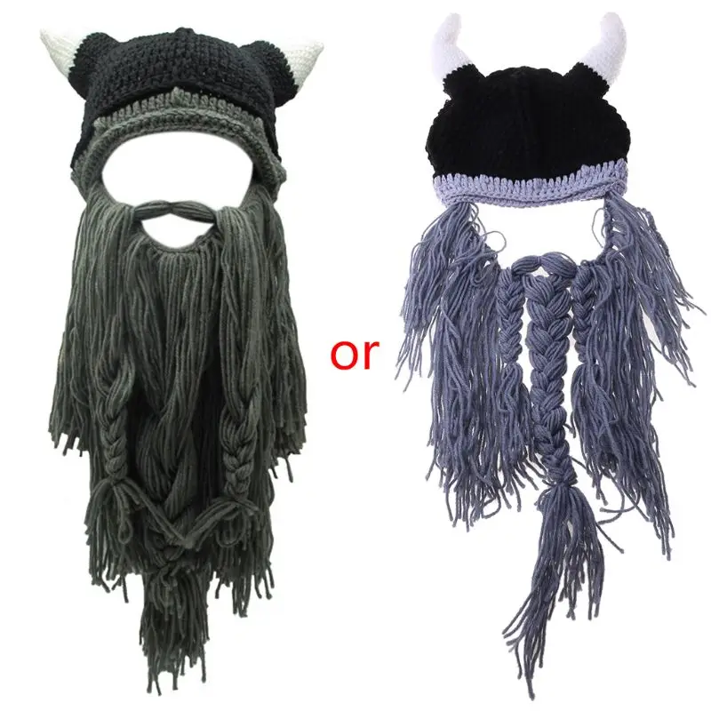 Adult Crazy Funny Halloween Cosplay Knitted Viking Beard Horn Hat Ski Mask Barbarian Vagabond Vintage Beanie Cap Winter Warmer | Аксессуары