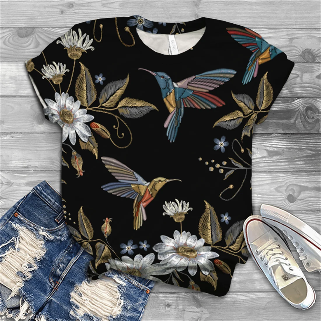 Women's shirt fashion and comfortable cute bird print short-sleeved round neck T-shirt casual street custom plus size top