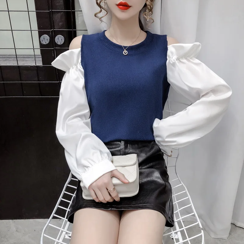 

Women Sweaters Long Sleeve Off Shoulder Knitted Shirts Spliced Panelled Pullovers Women Outwear Elegant Fashion Tops Women