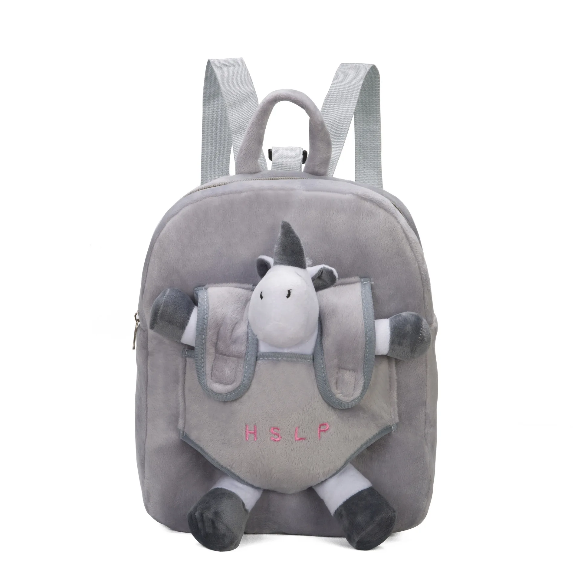 flamingo plush Backpack Children Zipper Schoolbag  for boys girls pink grey  small bags with pulling rope anti -lost bag