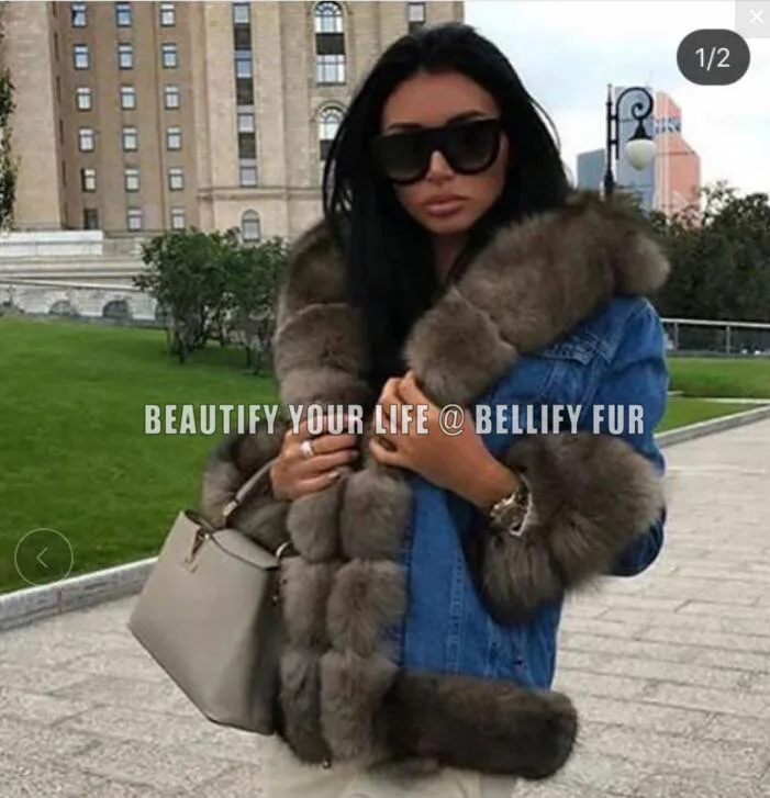 Женские джинсовые куртки с меховой отделкой винтажные голубые из натурального