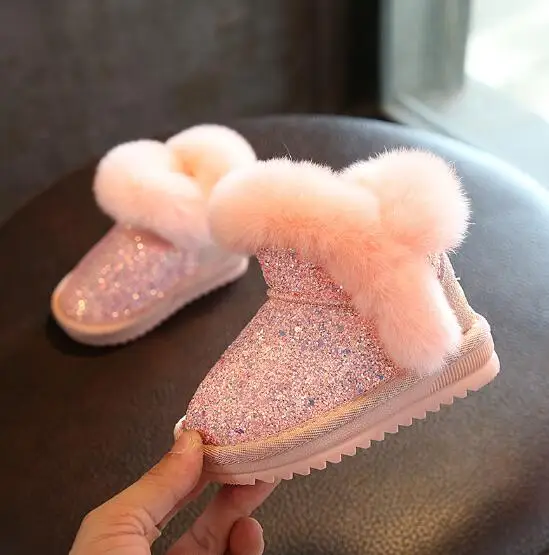 Детская зимняя женская обувь на кроличьем меху, ботинки-мартинсы, из хлопка для малышей Спортивная обувь с блестками, натуральная кожа сапоги "принцесса"