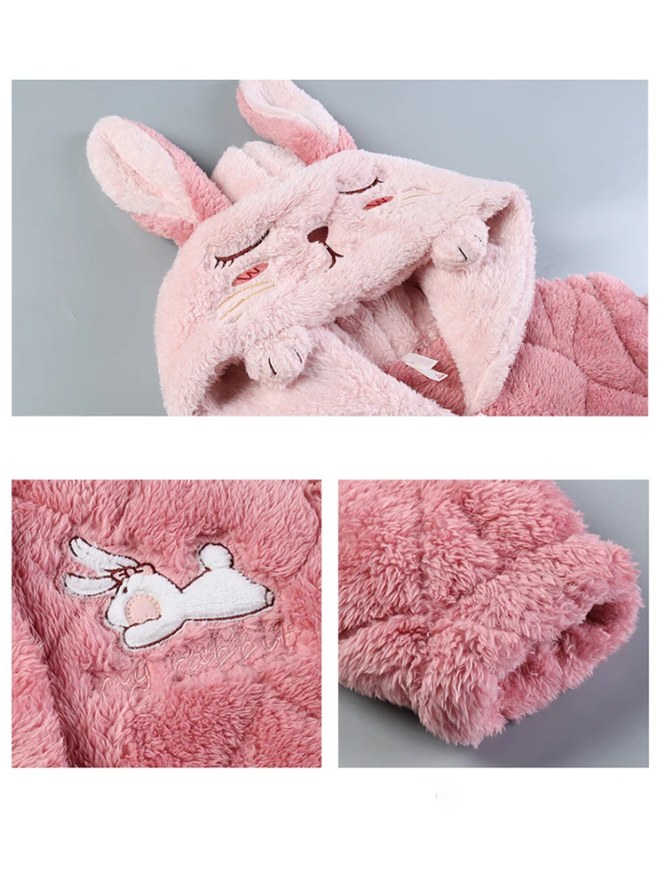 Winter Women's Pajamas Warm Cute Hooded Thick Flannel Pyjamas TurnDown Collar Button Shirt Long Pant 2 Piece/Suit Pajamas rabbit