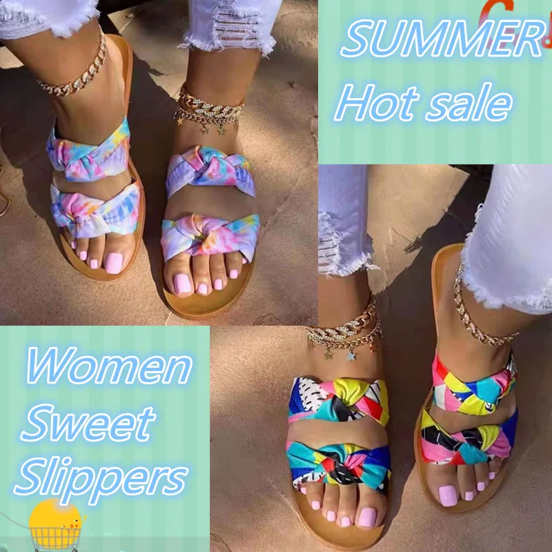 

2021 Summer New Large Size Ladies Slippers Camouflage Mixed Color Satin Knotted Upper Design Flat Casual Women's Sweet Slides