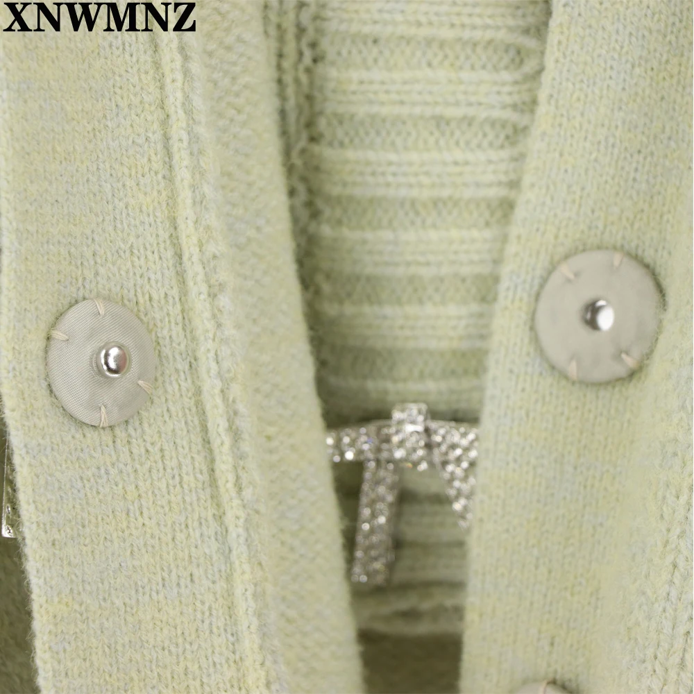 XNWMNZ Za women vintage Knit cardigan with rhinestone buttons V-neck long sleeve ribbed trims female outerwear fashion chic tops |