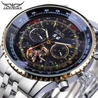 jaragar black silver tourbillion automatic mechanical watch men date display stainless steel band watches top brand montre homme
