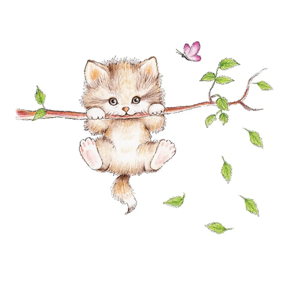 Милый стикер стены украшение бумага кошка ветка мультфильм настенная Настенная