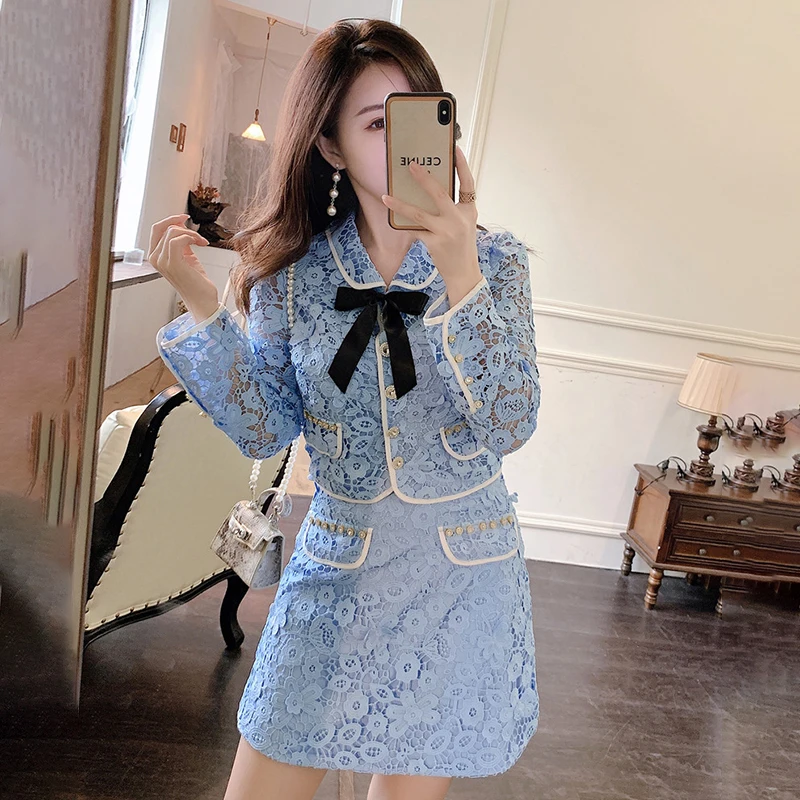 

Женский комплект из двух предметов, элегантный вязаный кардиган с цветочным рисунком и юбка мини с высокой талией, ажурный элегантный осенн...