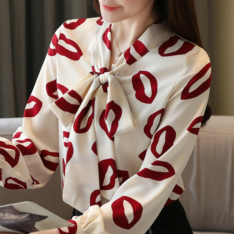 

Blusas Mujer De Moda 2021 Blouse Women Bow V-neck Print Chiffon Blouse Shirt Tops Long Sleeve Women Blouses Shirts Blusa C440