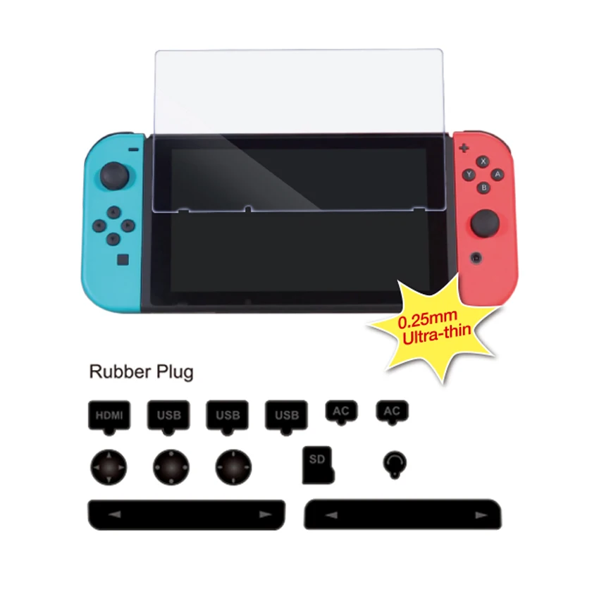 

Tempered Glass Screen Protector + Anti-Dust Plug Guard Set highly Durable For Nintendo Switch Game Kit