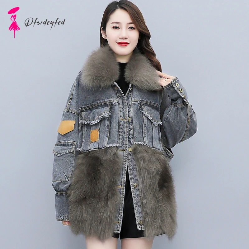 

Jackets For Women 2021 New Style Denim Stitching Fox Fur Jean jacket Women Denim Jackets For Women Fashion Jean Jacket With Fur