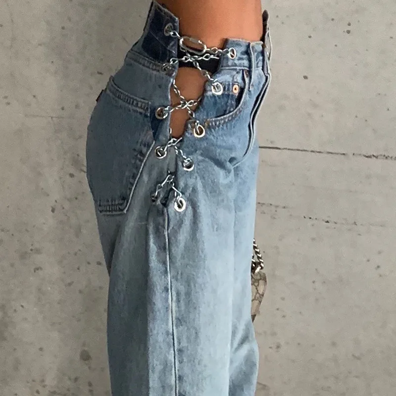 

Fashion Wide Leg High Waist Pants Women Sexy Side Chain Baggy Jeans Streetwear Y2K Harajuku Zipper Long Loose Denim Trousers New