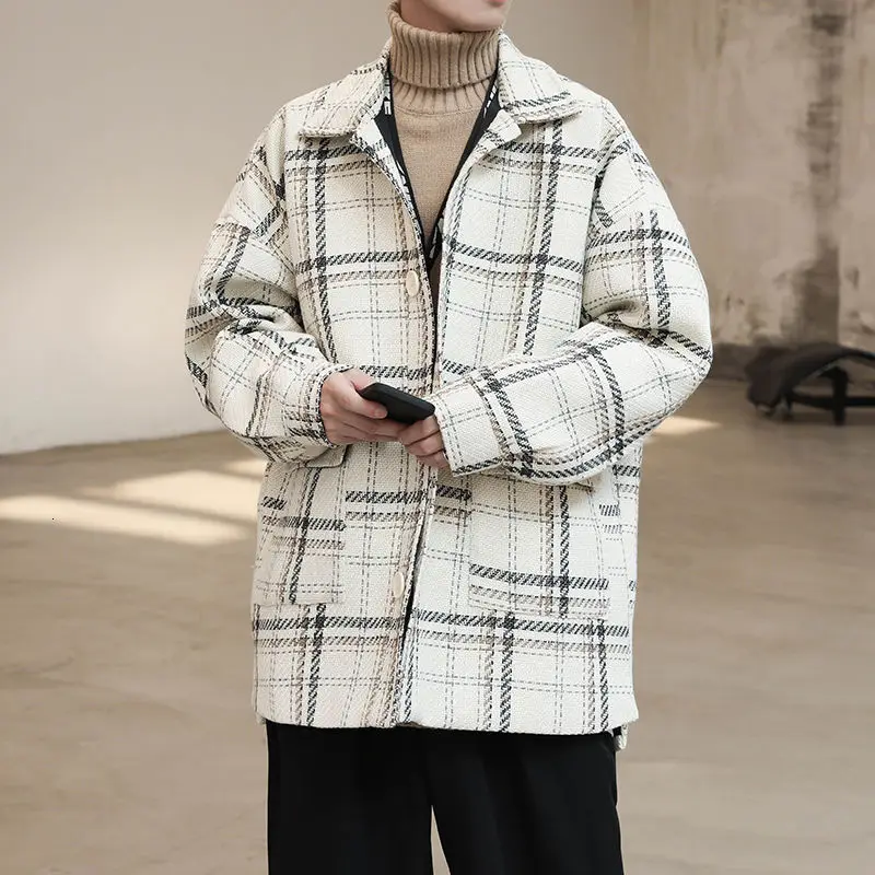 

Winter Plaid Coat Men's Fashion Retro Casual Oversize Woolen Coat Men Wild Loose Korean Short Woolen Coat Mens Overcoat M-2XL