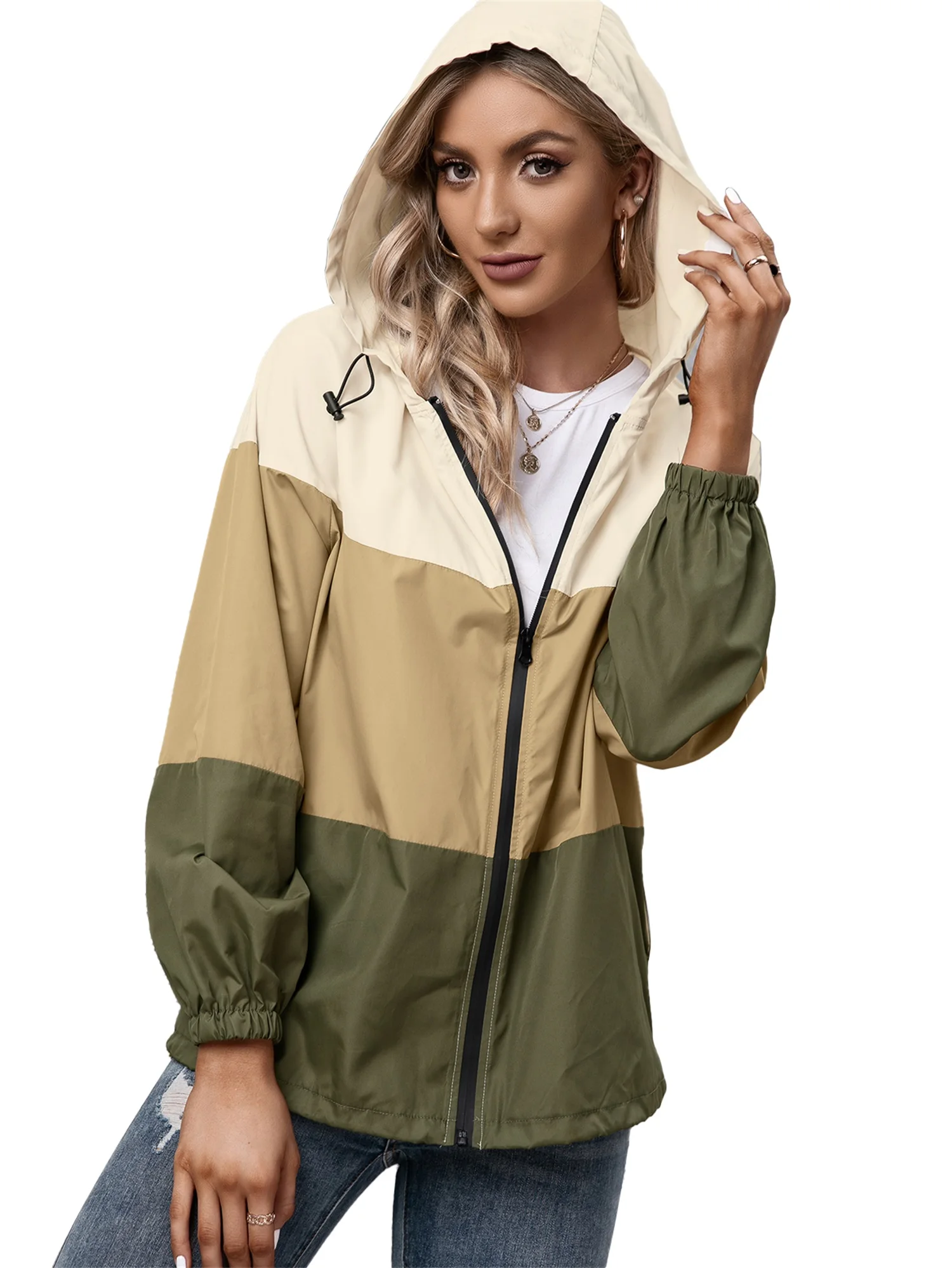 

Autumn Winter Women's Jacket Hooded Raincoat Color-blocking Outdoor Sports Mountaineering Windbreaker Fashion Sports Outwear