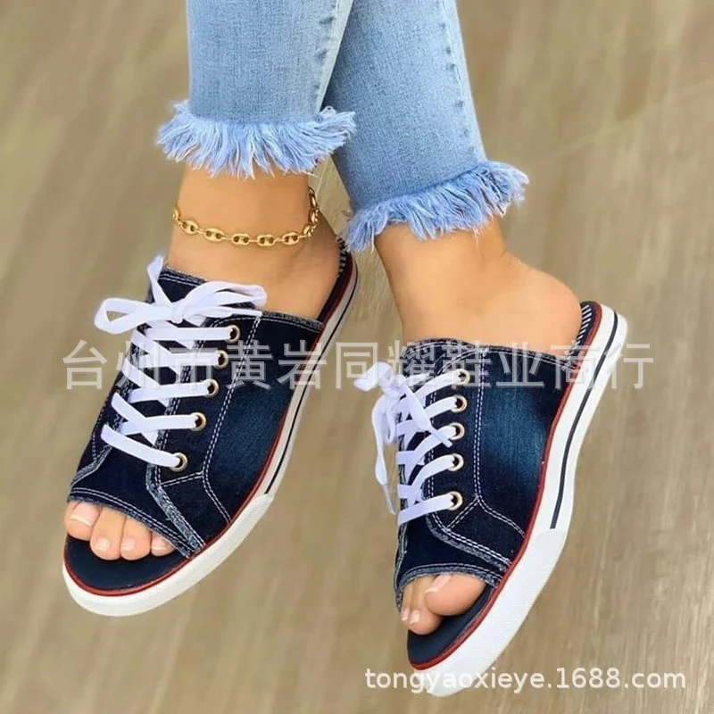 

Women Canvas Flat Slipper 2021 Woman Lace Up Peep Toe Flat Slippers New Women's Casual Sandals Female Fashion Denim Beach Shoes