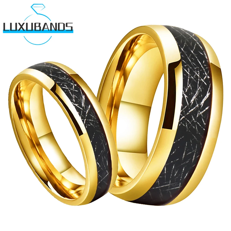 

6MM 8MM Couple Gold Tungsten Wedding Rings For Men Women Black Meteorite Inlay Engagement Bands Polished Finished Comfort Fit
