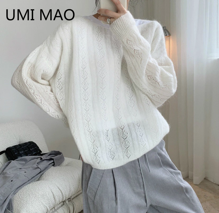 

UMI MAO Spring New Korean Lazy Temperament Mohair Crew Neck Sweater Loose And Thin Hollow Soft Waxy Wool Sweater Women