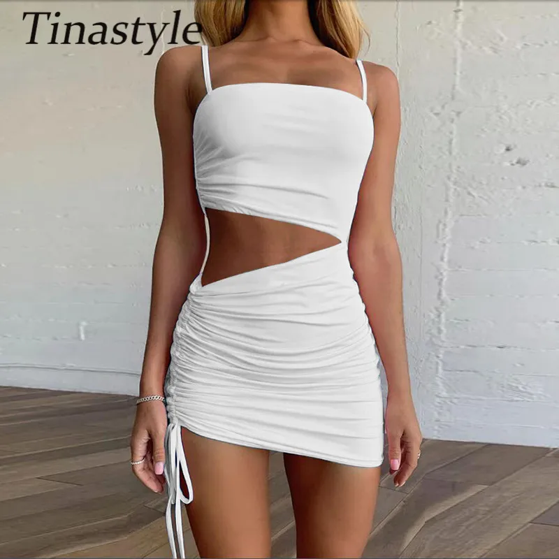 

Tinastyle White Spaghetti Strap Short Women Dress 2021 High Cut Out Drawstring Mini Club Dress Casual Beach Y2K Party Dresses