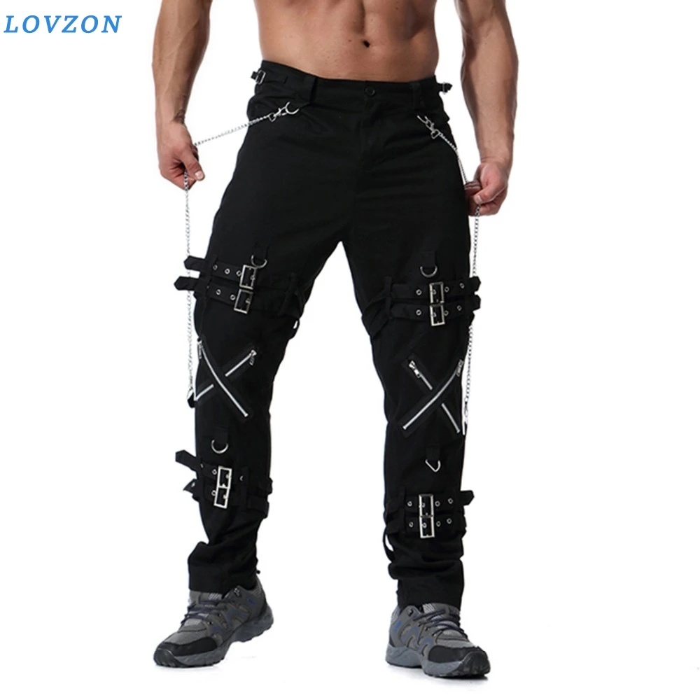 

LOVZON Men Fashion Hip Hop Personalized Metal Decoration Joggers Punk Rock Cargo Pants Zippers Streetwear Men Vinatge Trousers