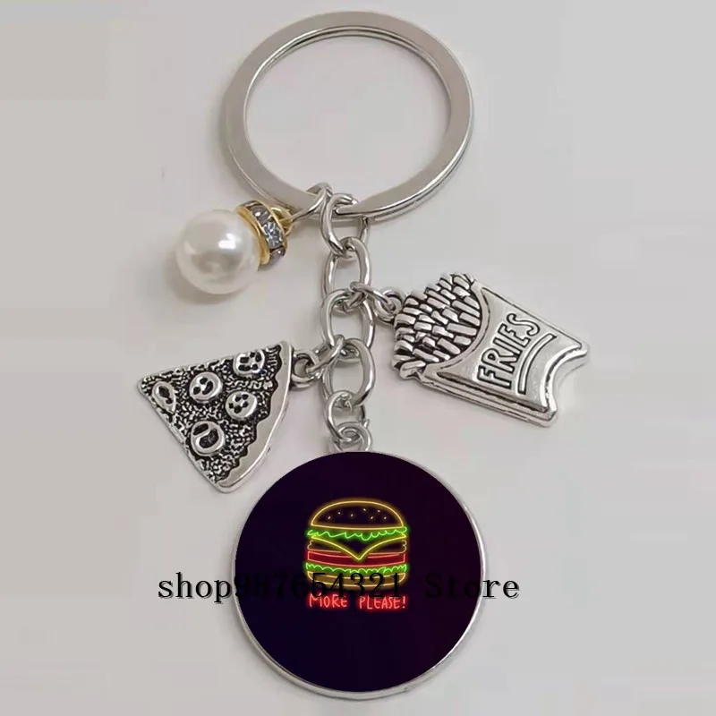 New Pizza French Fries Donut Burger Icon Keychain Glass Cabochon Charm Jewelry | Key Chains