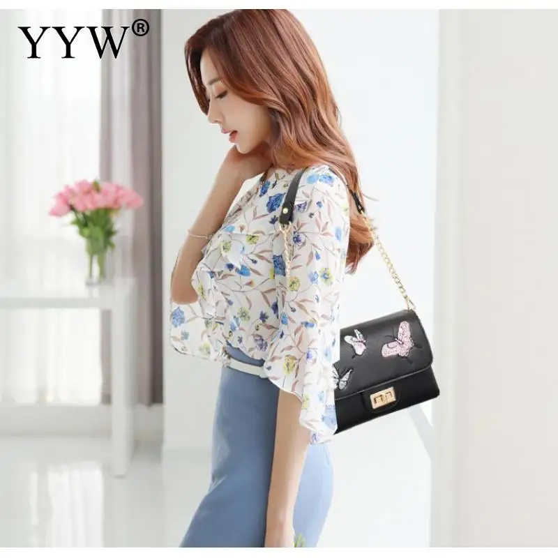 

Chain PU Leather Crossbody Bags For Women 2020 Elegant Butterfly Embroidered Bag Special Lock Design Female Travel Handbags