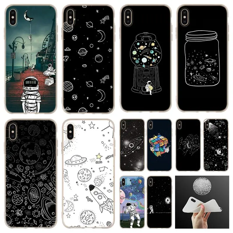 

Space Moon Astronaut Black White soft Soft Silicone Case For iPhone 13 12 11 Pro 7 8 6 6s Plus XR XS Max Cover Mini SE 2020