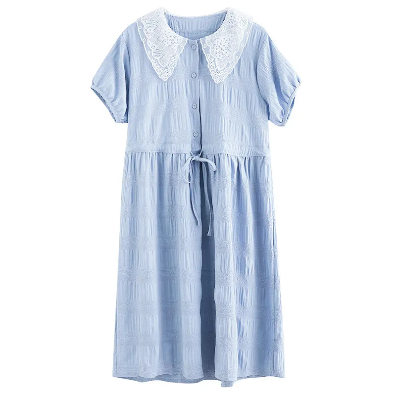 

Cotton Linen Dress For Women 2021 Summer New Fashion Loose Plus Size Lace Collar Short Sleeve Mid-length Dresses Female JD1143