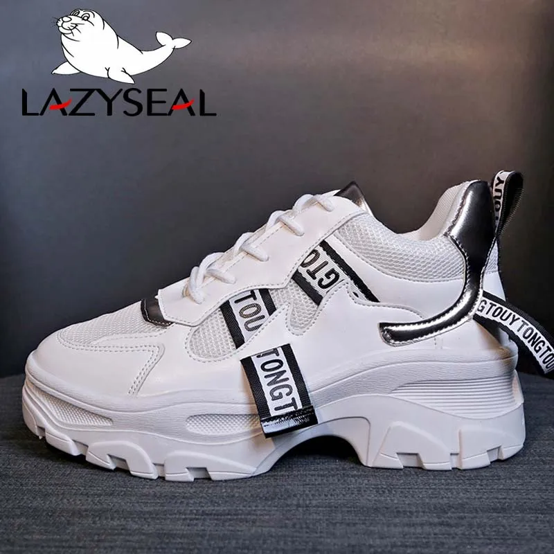 LazySeal/обувь, увеличивающая рост; женские кроссовки; ботильоны для женщин; обувь на шнуровке с круглым носком на массивном каблуке; женский Вулканизация - Цвет: White