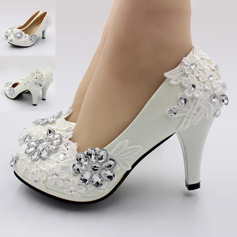 

Women's High Heels White Lace Wedding Shoes Sexy Bride Party Crystal Shoes Handmade Big Size 3cm/5cm/8cm Bridal Shoes