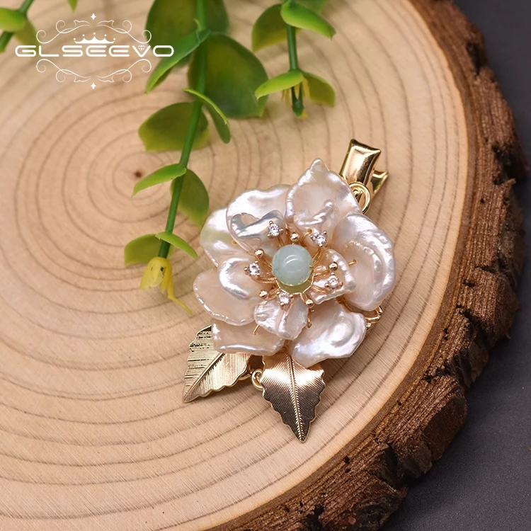 GLSEEVO Natural Freshwater Baroque Pearl Hairpin For Women Party Big Green Jade Flower Shape  Handnade Fine Jewelry GH0017