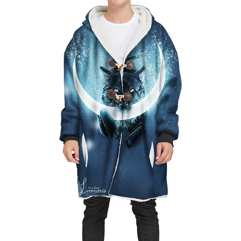 

Новинка, зимние длинные бархатные толстовки YOUTHUP для мужчин и женщин, пуловеры с капюшоном и объемным рисунком волка, толстые толстовки, ули...