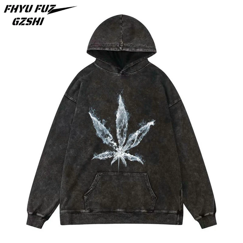 

Hip Hop Loose Long Sleeve Men Women Hoodies Streetwear Distressed Washed Leaves Printed Retro Edgy Punk Style Pullovers Top WY03