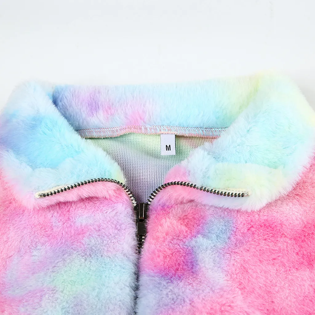 Женская Радужная Толстовка Tie Dye Teddy уличная одежда с длинным рукавом из искусственного меха флисовые Топы плюшевый пуловер больших размеров Sudadera Mujer