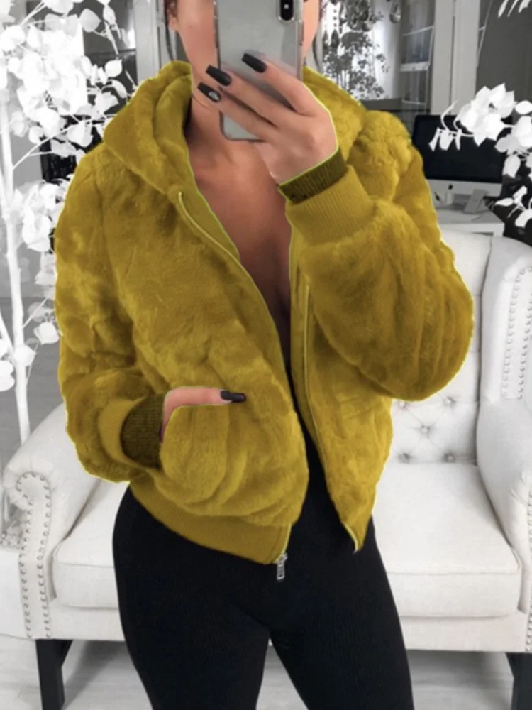 2021 Women Winter Faux Fur Plush Jacket Fashion Hooded Short Coat Zipper Loose Long Sleeve Women Cardigan Warm Streetwear