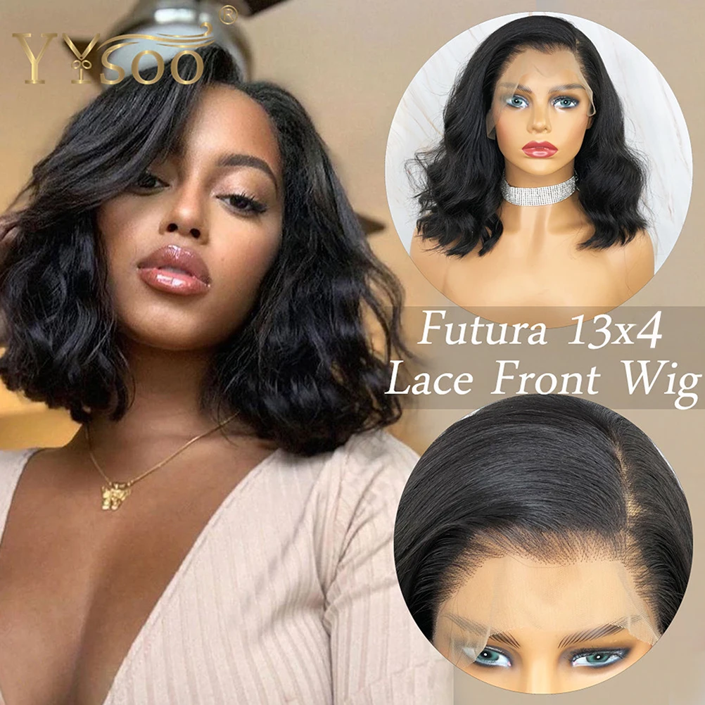 YYsoo Short Black Futura Synthetic Hair 13x4 Glueless Lace Front Wig Side Part Body Wave Black Wigs For Women 4inch Deep Parting