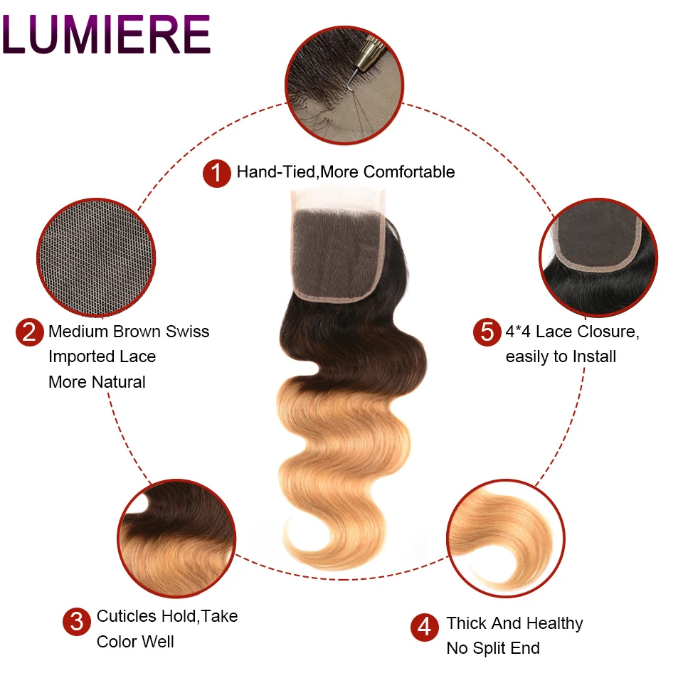 Lumiere волнистые человеческие волосы Омбре 3 пряди с 4*4 закрытием T1B/4/27 не Реми