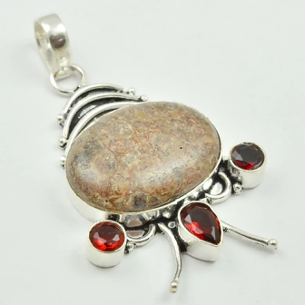 

Turtella Jaspers & Garnets Pendant Silver Overlay over Copper , 58 mm, P3370