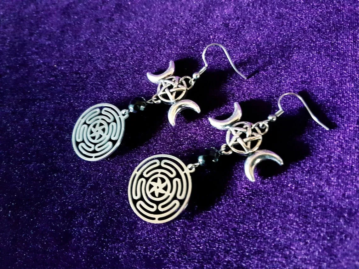 

New inverted pentagram earrings triple Moon Goddess earrings goth mystery jewelry