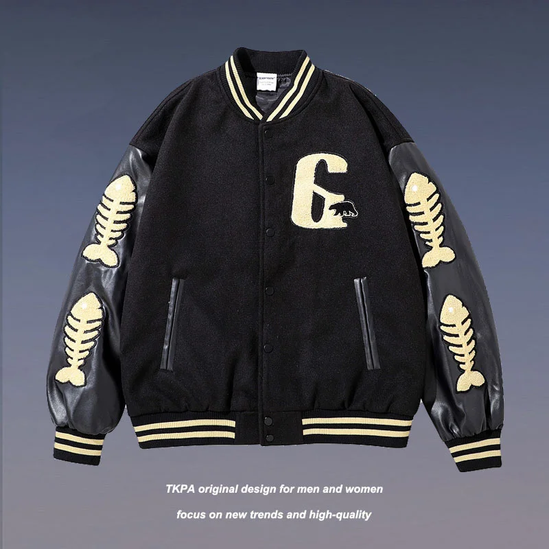 

Hip Hop Street Jacket Mens Streetwear Letter Fish Bones Embroidery Casual Cotton College Bomber Baseball Jacket Fashion Coats