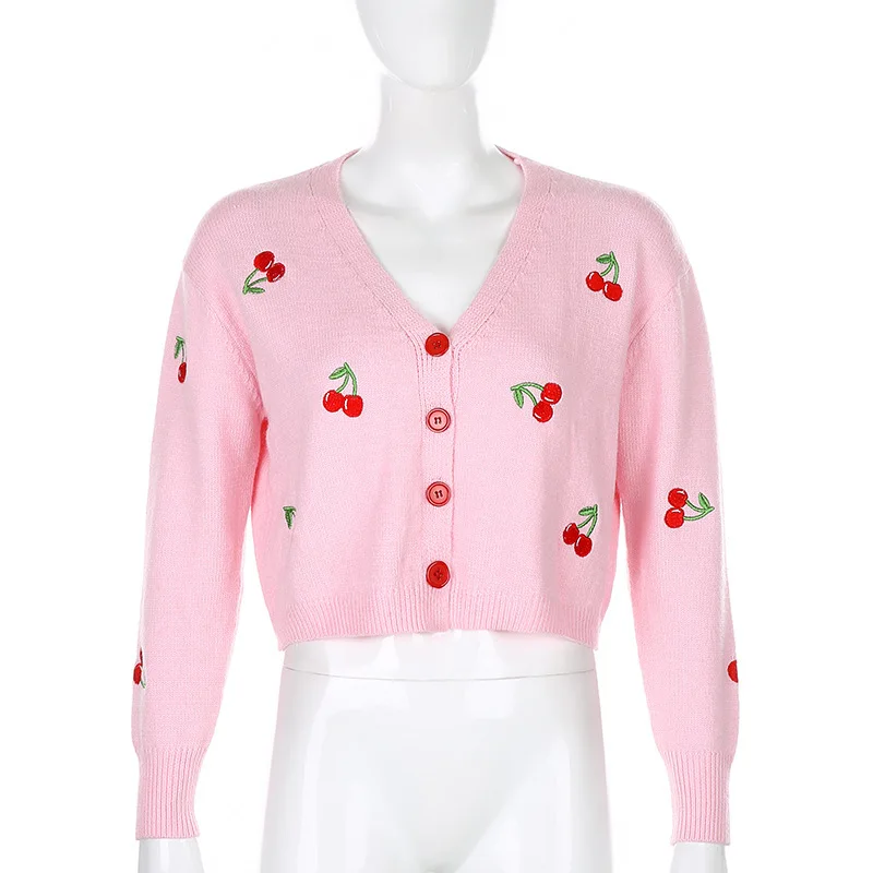 

Retro Style Sexy V-neck Cherry Embroidery Long Sleeve Wool Cardigan Female Ins Students Casual Loose Short Top Fashion