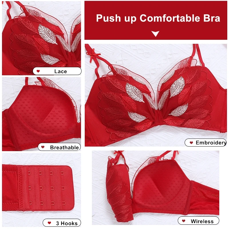 

Push up Lace Bras for Women Feather Embroidery Wireless Bralette Girls Sexy Lingerie Brassiere 32-38AB