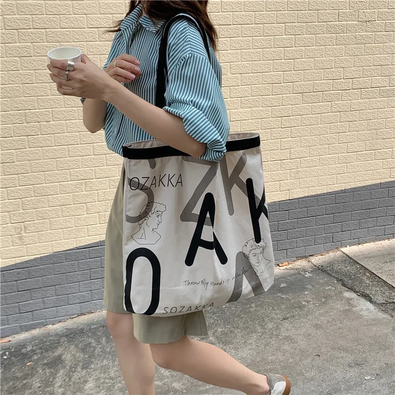 

Women Large Letters Print Canvas Bag Korea Simple Shoulder Tote Bag Causal Rice White Soft Handbag Shopping Bag For Girl Student