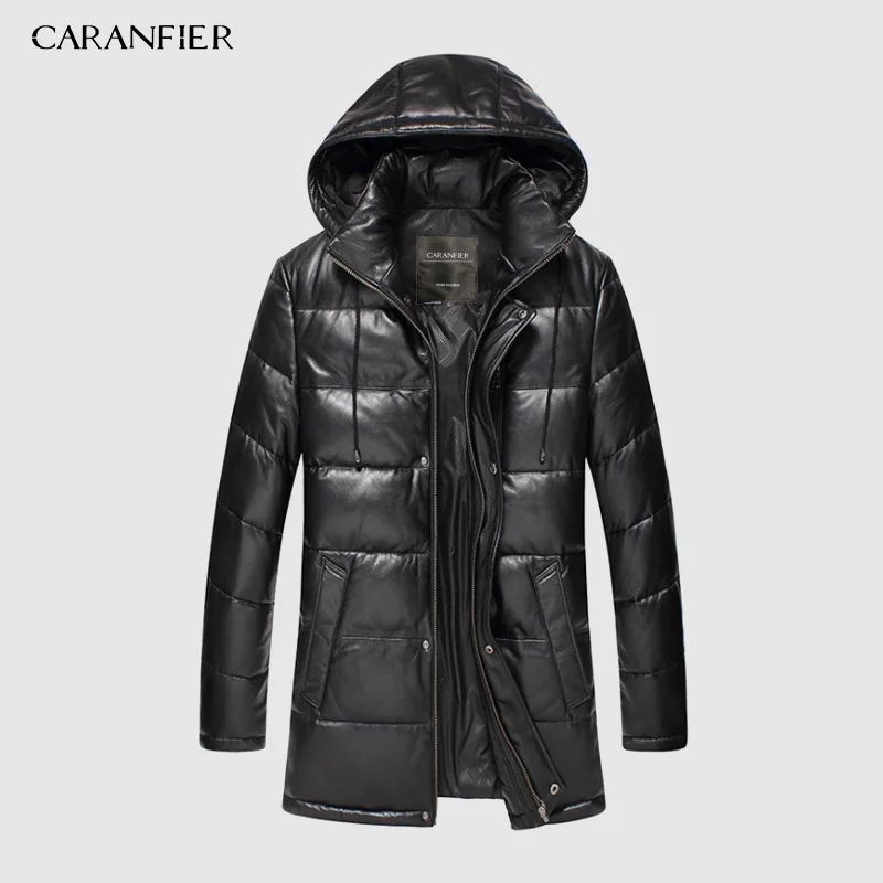 Черный CARANFIER Новинка куртки Для мужчин из натуральной кожи пуховики и парки зимняя верхняя одежда дубленка шерстяная кожаная куртка Для мужчин - Цвет: Черный