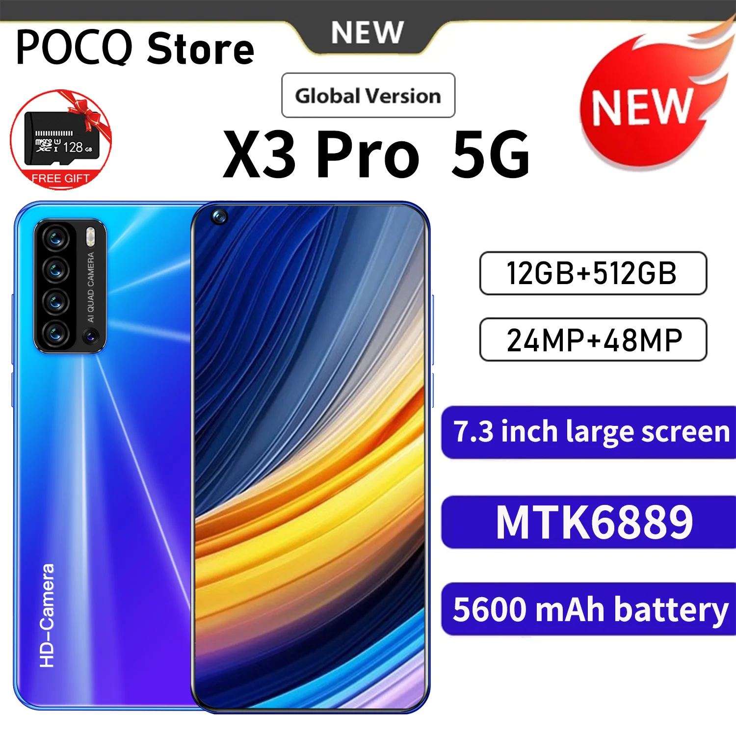 

POCQ X3 Pro 5G Global Version Smartphone 12GB+512GB Android Mobile Phone 24MP+48MP Cell phone 7.3inch Smart phones 4G Celulares