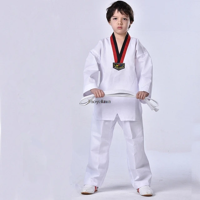 Белая униформа для тхэквондо детей и взрослых костюм Dobok WTF Karate одежда с длинным